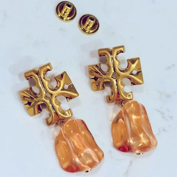Tory Burch ROXANNE gold logo + orange ice cube drop & dangle statement earrings - Picture 5 of 12